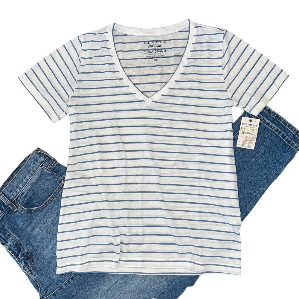 NWT Lucky Brand Women's White & Blue Stripe Venice Burnout V-Neck Tee - SIZE XS